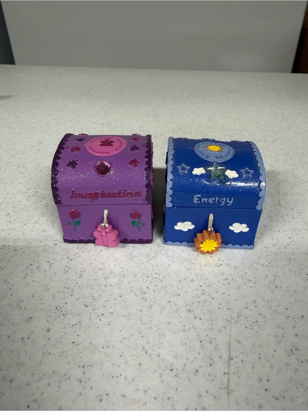 2 Vtg Claire’s Y2K Trinket Box Blue ENERGY imagination Purple Treasure Boxes ‘00